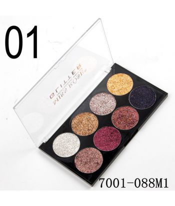 7001-088M1 Black bottom with transparent lid compact, 8 colors glitter eyeshadow, 3 sets colors of single package,M1