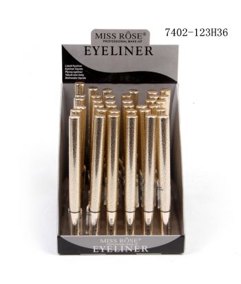 7402-123H36 Golden aluminum tube with small raindrops,silk-printed black logo, eyeliner pens of 36ps in a display box